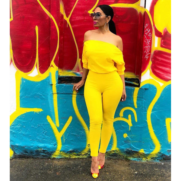 Solid Slash Neck Off Shouder Sexy Jumpsuits ASL-6118