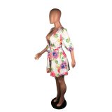 Floral Print Deep V Neck Sashes Mini Dresses BS-1087