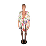 Floral Print Deep V Neck Sashes Mini Dresses BS-1087