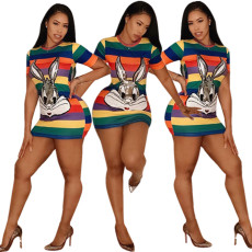 Plus Size Rainbow Stripe Sequin Rabbit Printed Mini Dress FNN-8203