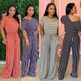 Plus Size Loose Striped Short Sleeve Jumpsuits CL-6042