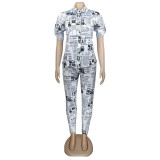 Newspaper Print Shirt Two Piece Pant Suit AIL-048