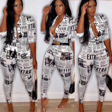 Newspaper Print Shirt Two Piece Pant Suit AIL-048