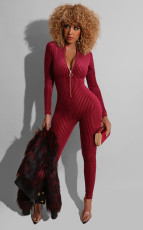 Solid Long Sleeve Front Zipper Skinny Jumpsuit LUO-3048