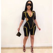 Sexy Strip Hollow Out Short Sleeve Skinny Playsuits MDF-5117