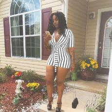 Striped V-Neck Short Sleeve Belt Romper MAE-116
