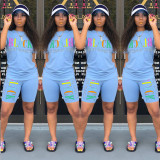 Plus Size Letter Print T Shirt Shorts Two Piece Sets HMS-5249