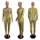 Snake Skin Print Deep V Neck Long Sleeve Jumpsuit CHY-1097