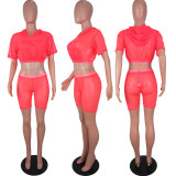 Sexy Mesh See Through Hooded 2 Piece Shorts Set LUO-3013