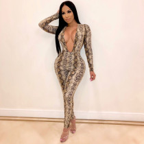 Snake Skin Print Deep V Neck Long Sleeve Jumpsuit CHY-1097