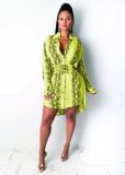 Snake Skin Print Long Sleeve Shirt Dress Without Belt LUO-3027