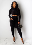 Solid Long Sleeve Top Harem Pants 2 Piece Suit LUO-3039
