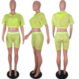 Sexy Mesh See Through Hooded 2 Piece Shorts Set LUO-3013