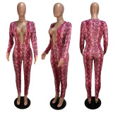 Snake Skin Print Deep V Neck Long Sleeve Jumpsuit CHY-1097