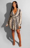 Snake Skin Print Long Sleeve Shirt Dress Without Belt LUO-3027