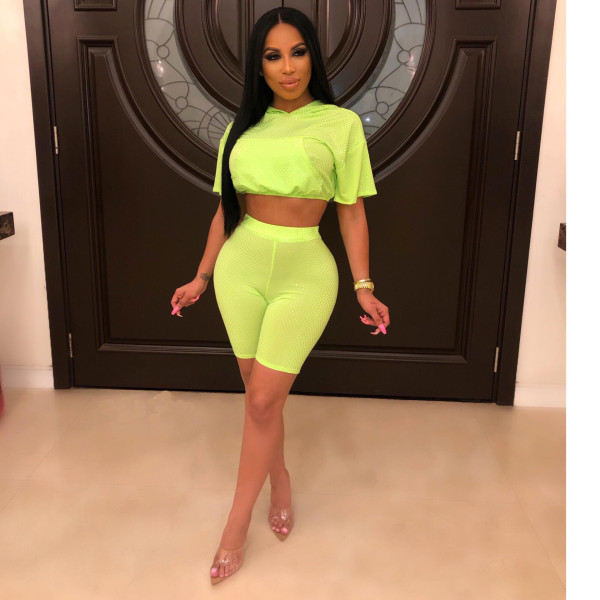 Sexy Mesh See Through Hooded 2 Piece Shorts Set LUO-3013