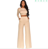 Solid Long Sleeve Wide Leg Pant 2 Piece Sets LUO-3030