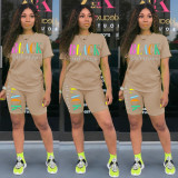Plus Size Letter Print T Shirt Shorts Two Piece Sets HMS-5249