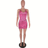 Newspaper Print Adjustable Strap Slim Mini Dress LUO-3017
