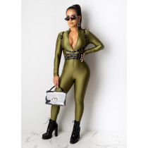 Solid Long Sleeve Front Zipper Skinny Jumpsuit CHY-1198