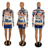 Sexy Pritned Long Sleeve Mini Rress CHY-1213