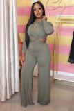 Solid Long Sleeve Wide Leg Pant 2 Piece Sets LUO-3030