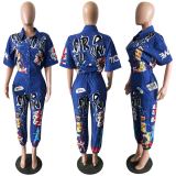 Plus Size Letters Short Sleeve Loose Jumpsuits LSD-8103