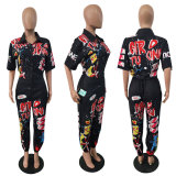 Plus Size Letters Short Sleeve Loose Jumpsuits LSD-8103