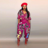 Plus Size Letters Short Sleeve Loose Jumpsuits LSD-8103