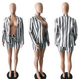 Plus Size Striped Blazer Coat Shorts 2 Piece Sets LSD-8140