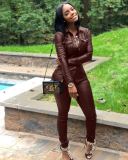 Plus Size PU Leather Blouse Long Pants Two Piece Sets LSD-8226