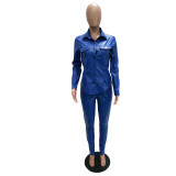 Plus Size PU Leather Blouse Long Pants Two Piece Sets LSD-8226