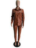 Plus Size PU Leather Blouse Long Pants Two Piece Sets LSD-8226