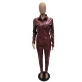 Plus Size PU Leather Blouse Long Pants Two Piece Sets LSD-8226