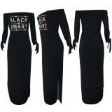 Plus Size Letter Print Slash Neck Split Maxi Dress AL-039