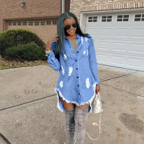 Casual Ripped Hole Tassel Denim Shirt Dress OD-8217