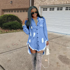 Casual Ripped Hole Tassel Denim Shirt Dress OD-8217