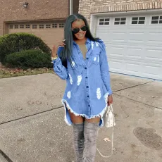 Casual Ripped Hole Tassel Denim Shirt Dress OD-8217