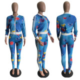 Plus Size Floral Print Zipper Long Sleeve 2 Piece Pants Set LSD-8193