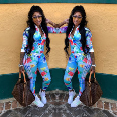 Plus Size Floral Print Zipper Long Sleeve 2 Piece Pants Set LSD-8193