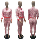 Plus Size Floral Print Zipper Long Sleeve 2 Piece Pants Set LSD-8193