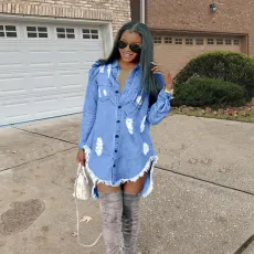 Casual Ripped Hole Tassel Denim Shirt Dress OD-8217