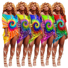 Plus Size Tie Dye Print Oblique Collar Dress LDS-3163
