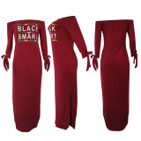Plus Size Letter Print Slash Neck Split Maxi Dress AL-039