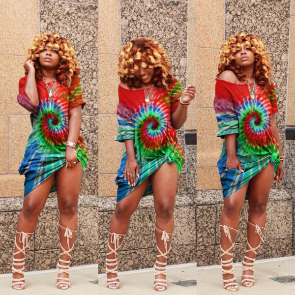 Plus Size Tie Dye Print Oblique Collar Dress LDS-3163