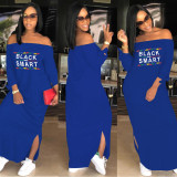 Plus Size Letter Print Slash Neck Split Maxi Dress AL-039