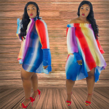 Plus Size Rainbow Stripe Slash Neck Loose Dress HM-6079