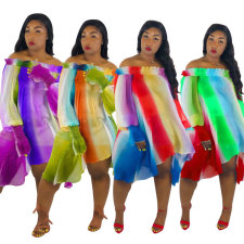 Plus Size Rainbow Stripe Slash Neck Loose Dress HM-6079