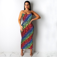 Sexy Leopard Print Spaghetti Strap Slim Long Maxi Dress (Without Belt) TE-3812-1