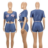 Plus Size Striped Baseball Two Piece Shorts Set ASL-6025